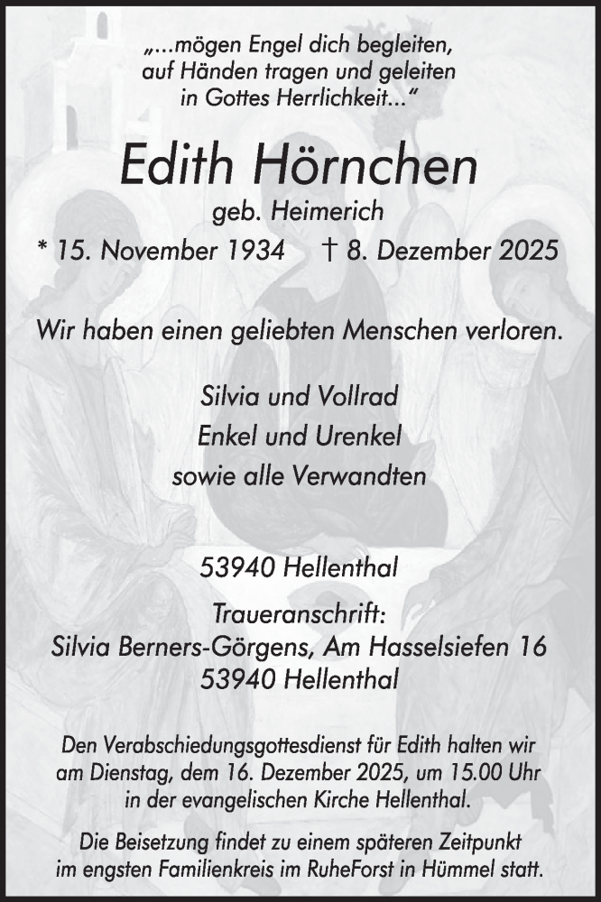 Traueranzeige für Edith Hörnchen vom 10.12.2025 aus WochenSpiegel