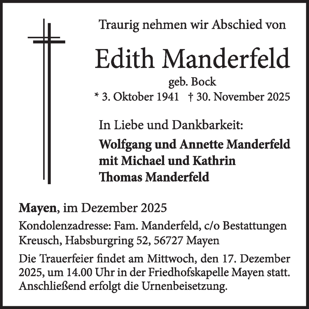  Traueranzeige für Edith Manderfeld vom 10.12.2025 aus WochenSpiegel