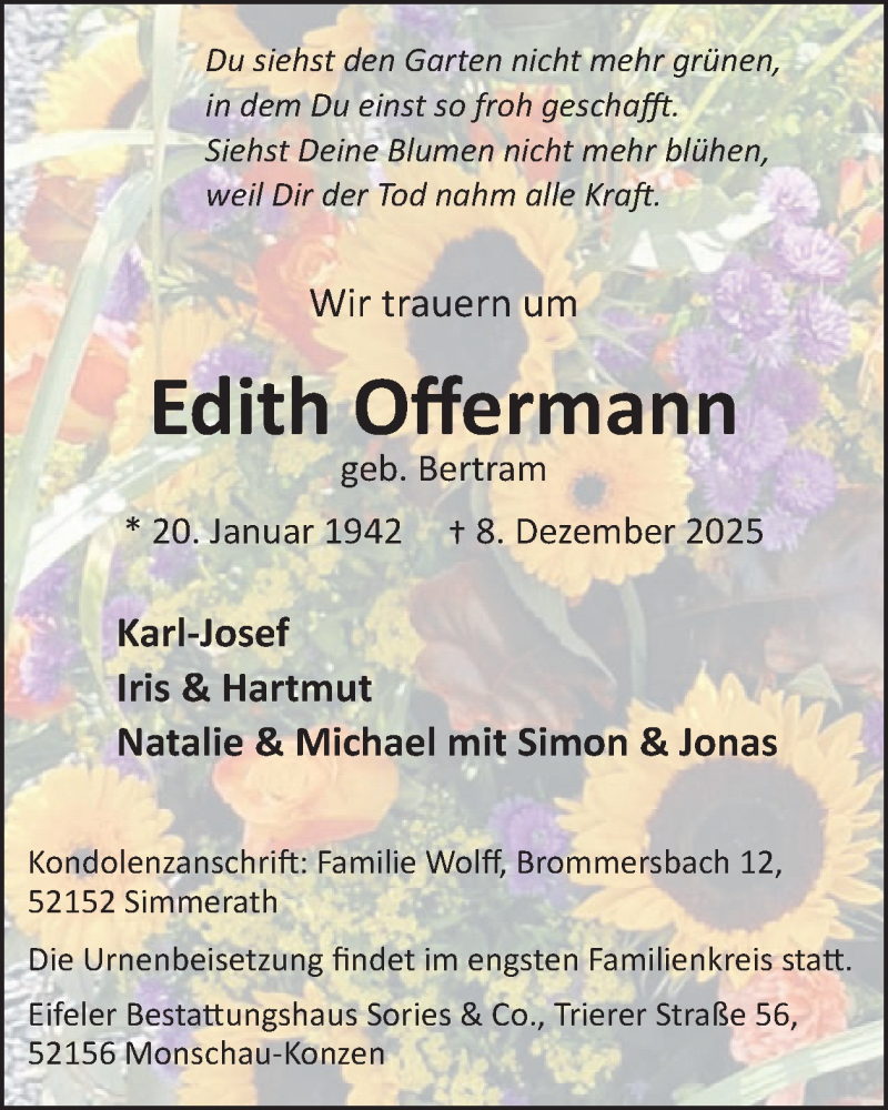  Traueranzeige für Edith Offermann vom 17.12.2025 aus WochenSpiegel