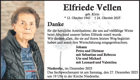 Traueranzeige von Elfriede Vellen von WochenSpiegel