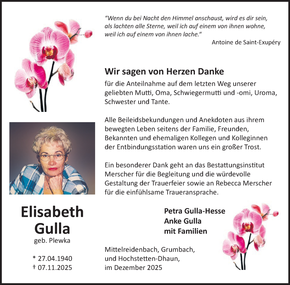  Traueranzeige für Elisabeth Gulla vom 20.12.2025 aus WochenSpiegel