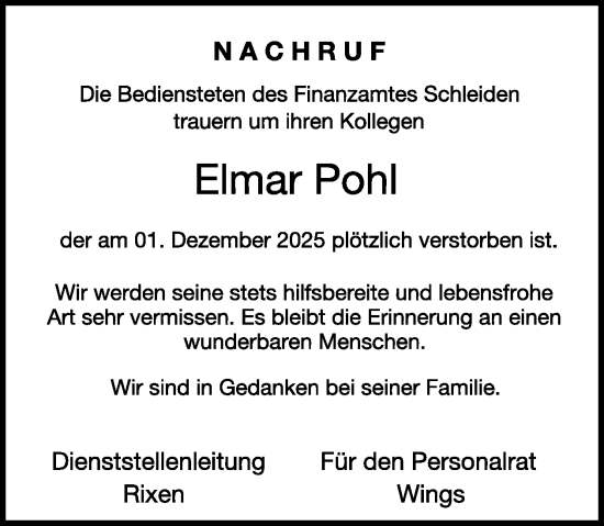Traueranzeige von Elmar Pohl von WochenSpiegel