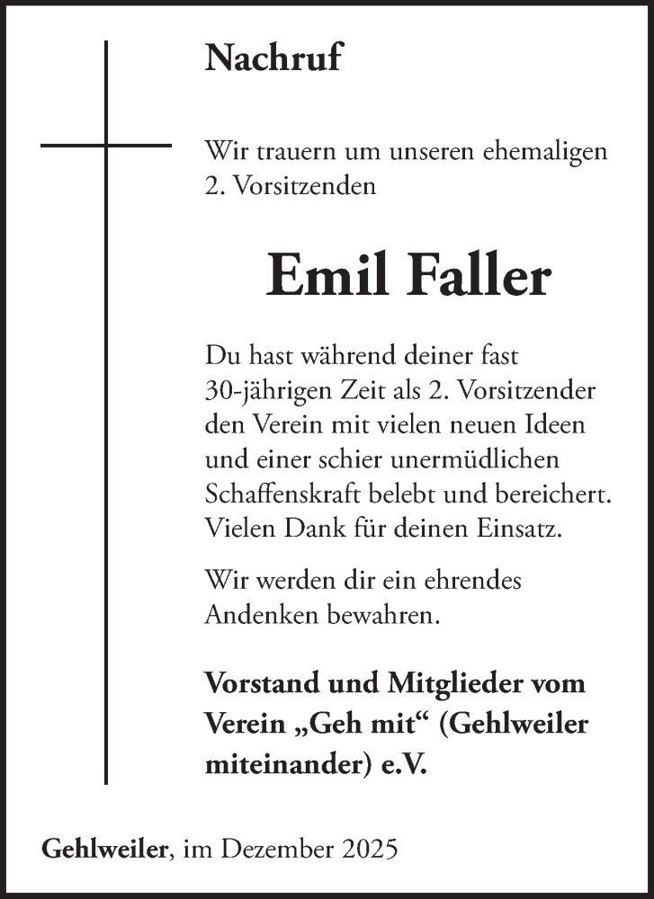  Traueranzeige für Emil Faller vom 13.12.2025 aus WochenSpiegel