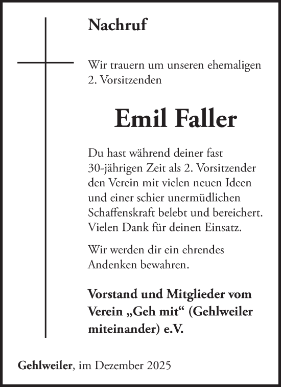 Traueranzeige von Emil Faller von WochenSpiegel