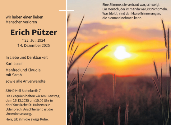 Traueranzeige von Erich Pützer von WochenSpiegel