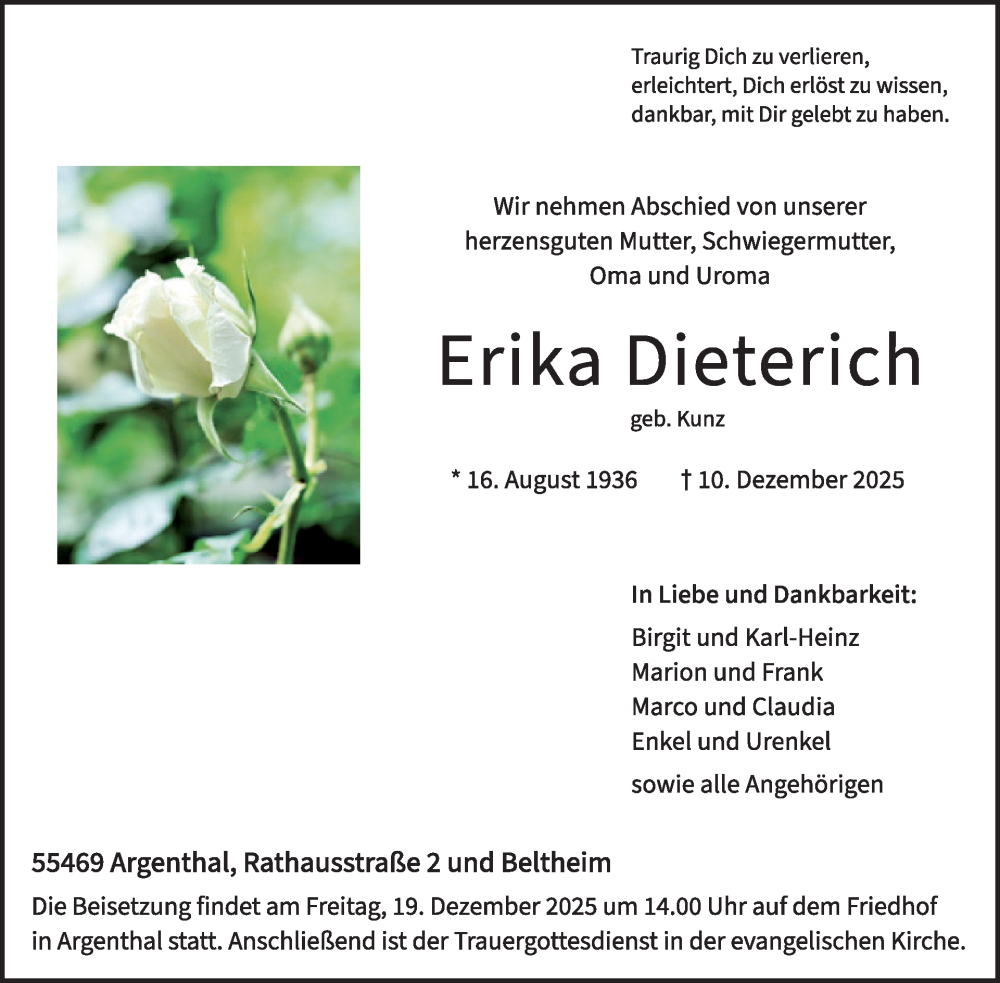  Traueranzeige für Erika Dieterich vom 20.12.2025 aus WochenSpiegel