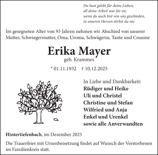 Traueranzeige von Erika Mayer von WochenSpiegel
