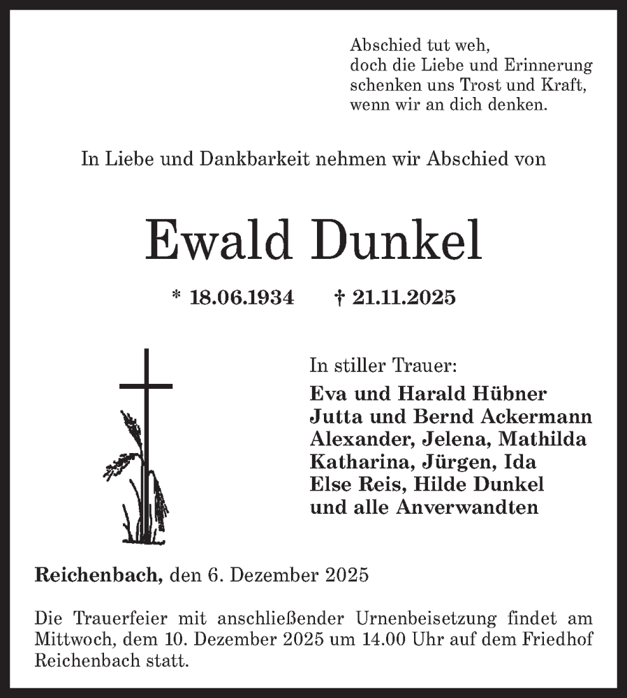  Traueranzeige für Ewald Dunkel vom 06.12.2025 aus WochenSpiegel