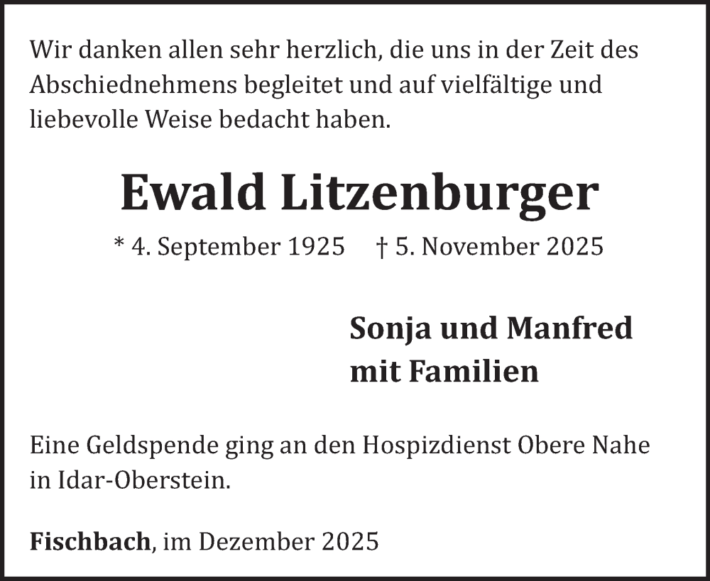  Traueranzeige für Ewald Litzenburger vom 20.12.2025 aus WochenSpiegel