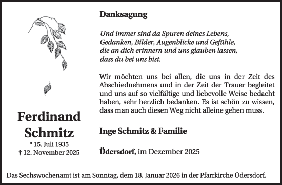 Traueranzeige von Ferdinand Schmitz von WochenSpiegel