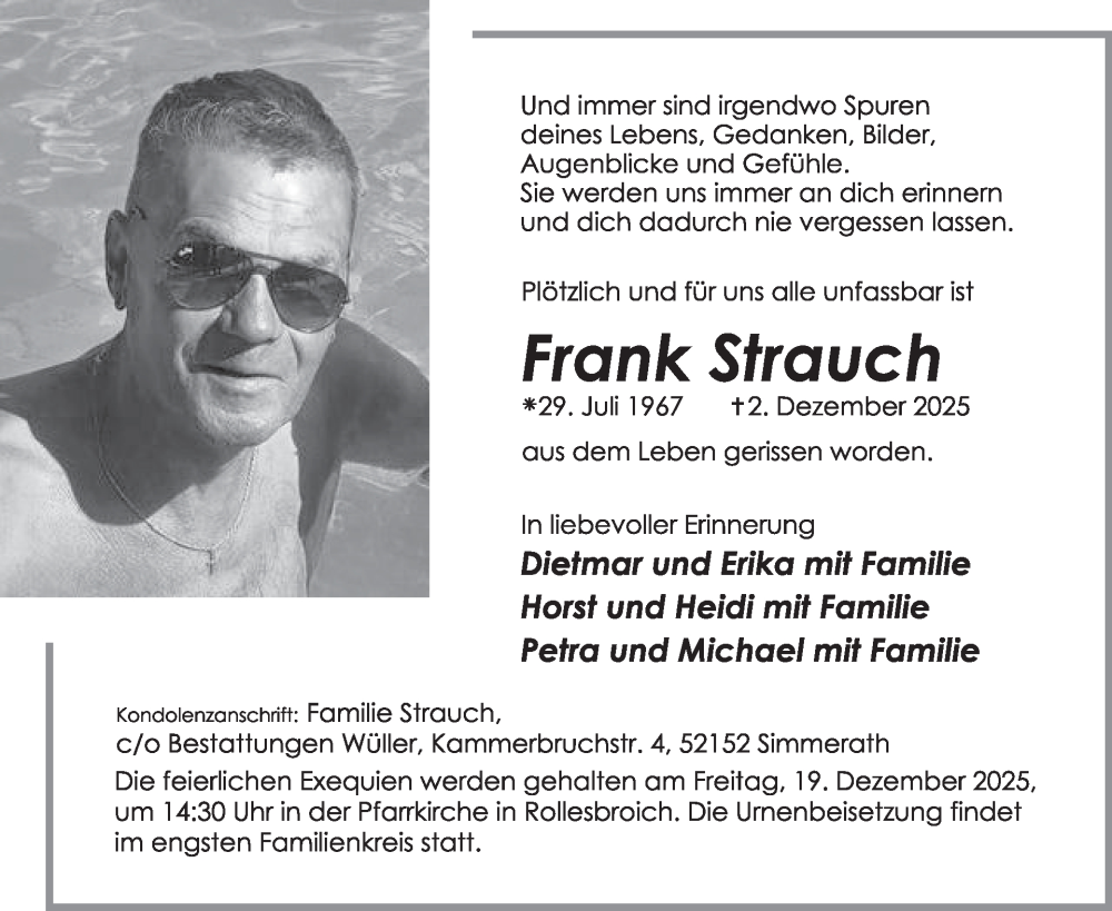  Traueranzeige für Frank Strauch vom 10.12.2025 aus WochenSpiegel