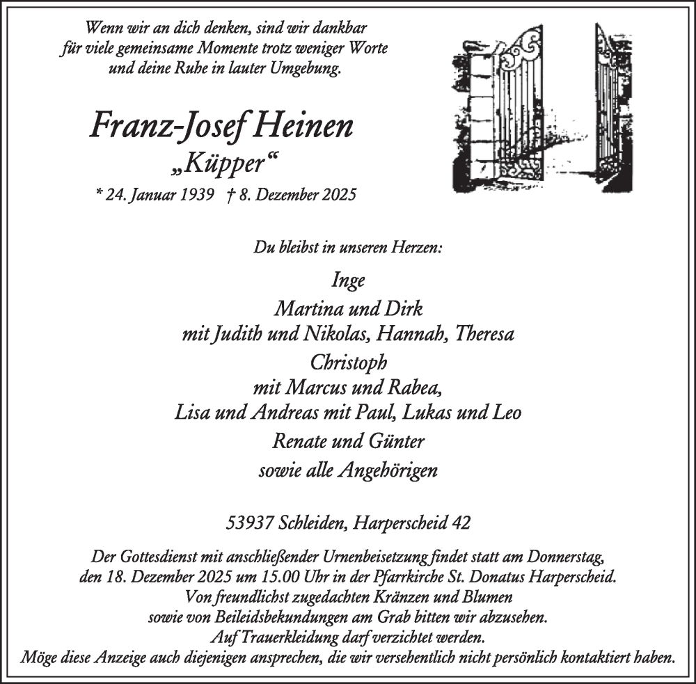  Traueranzeige für Franz-Josef Heinen vom 17.12.2025 aus WochenSpiegel
