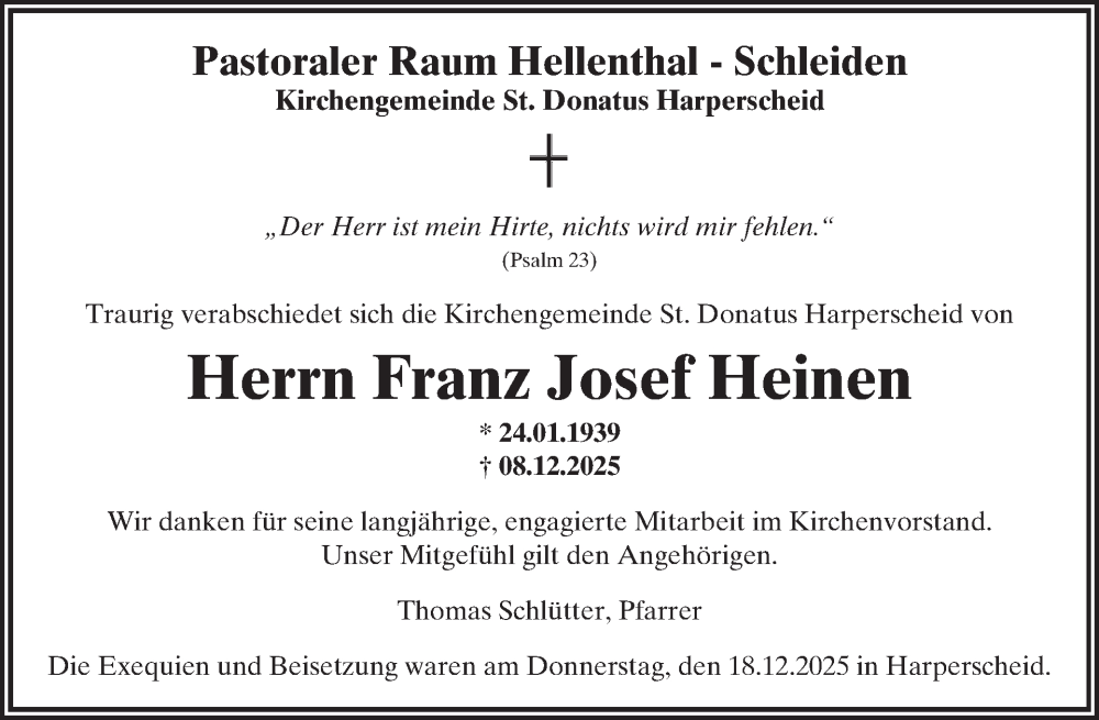  Traueranzeige für Franz Josef Heinen vom 24.12.2025 aus WochenSpiegel