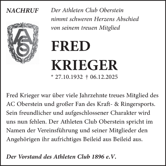 Traueranzeige von Fred Krieger von WochenSpiegel