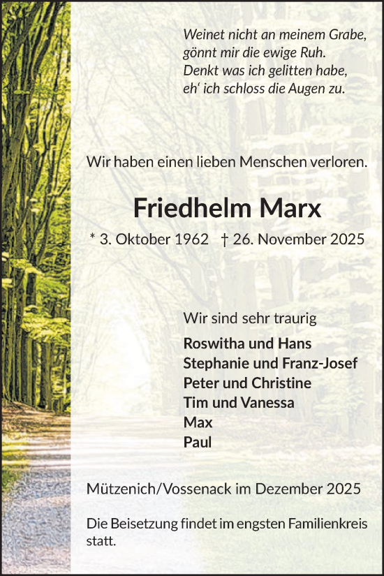 Traueranzeige von Friedhelm Marx von WochenSpiegel