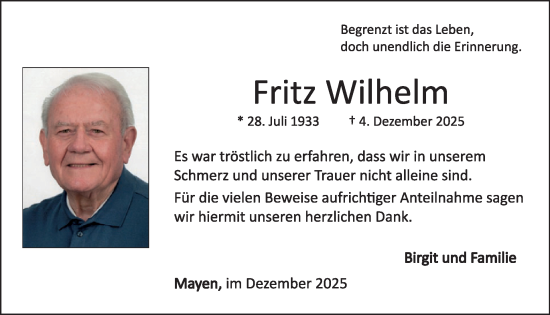 Traueranzeige von Fritz Wilhelm von WochenSpiegel