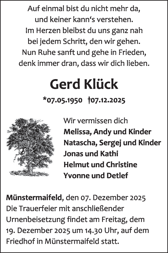 Traueranzeige von Gerd Klück von WochenSpiegel