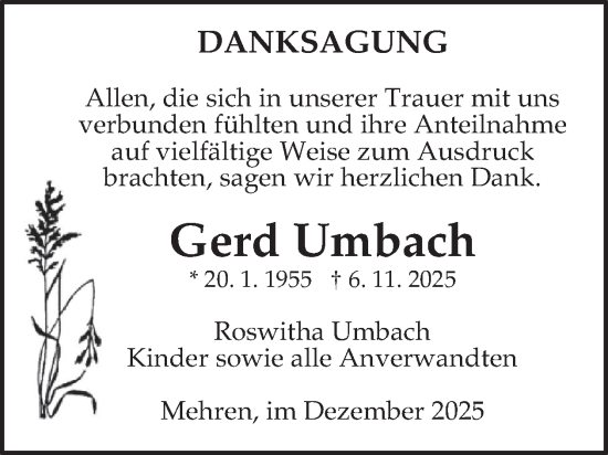 Traueranzeige von Gerd Umbach von WochenSpiegel