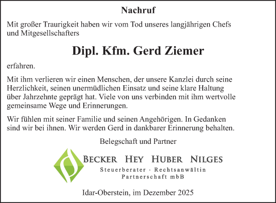 Traueranzeige von Gerd Ziemer von WochenSpiegel