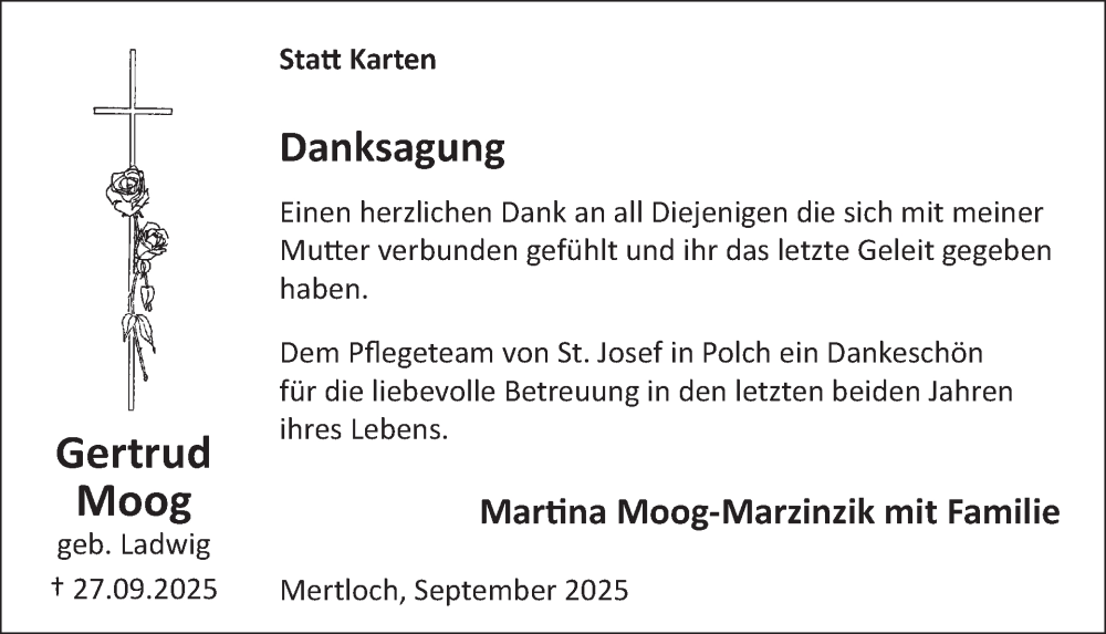  Traueranzeige für Gertrud Moog vom 31.12.2025 aus WochenSpiegel