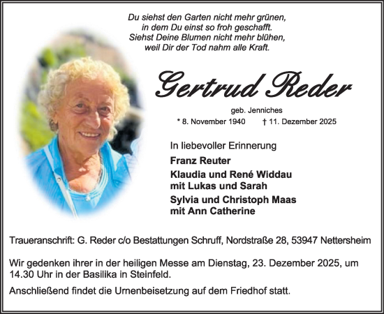 Traueranzeige von Gertrud Reder von WochenSpiegel