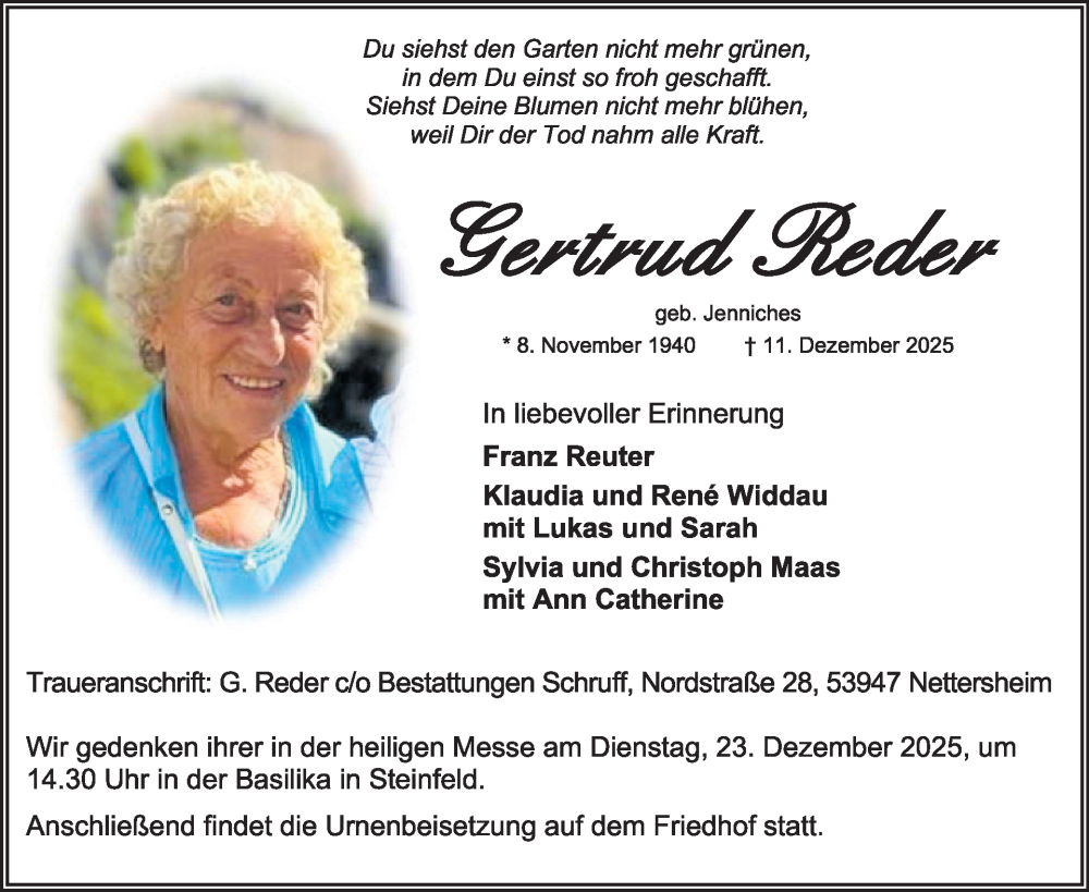  Traueranzeige für Gertrud Reder vom 17.12.2025 aus WochenSpiegel