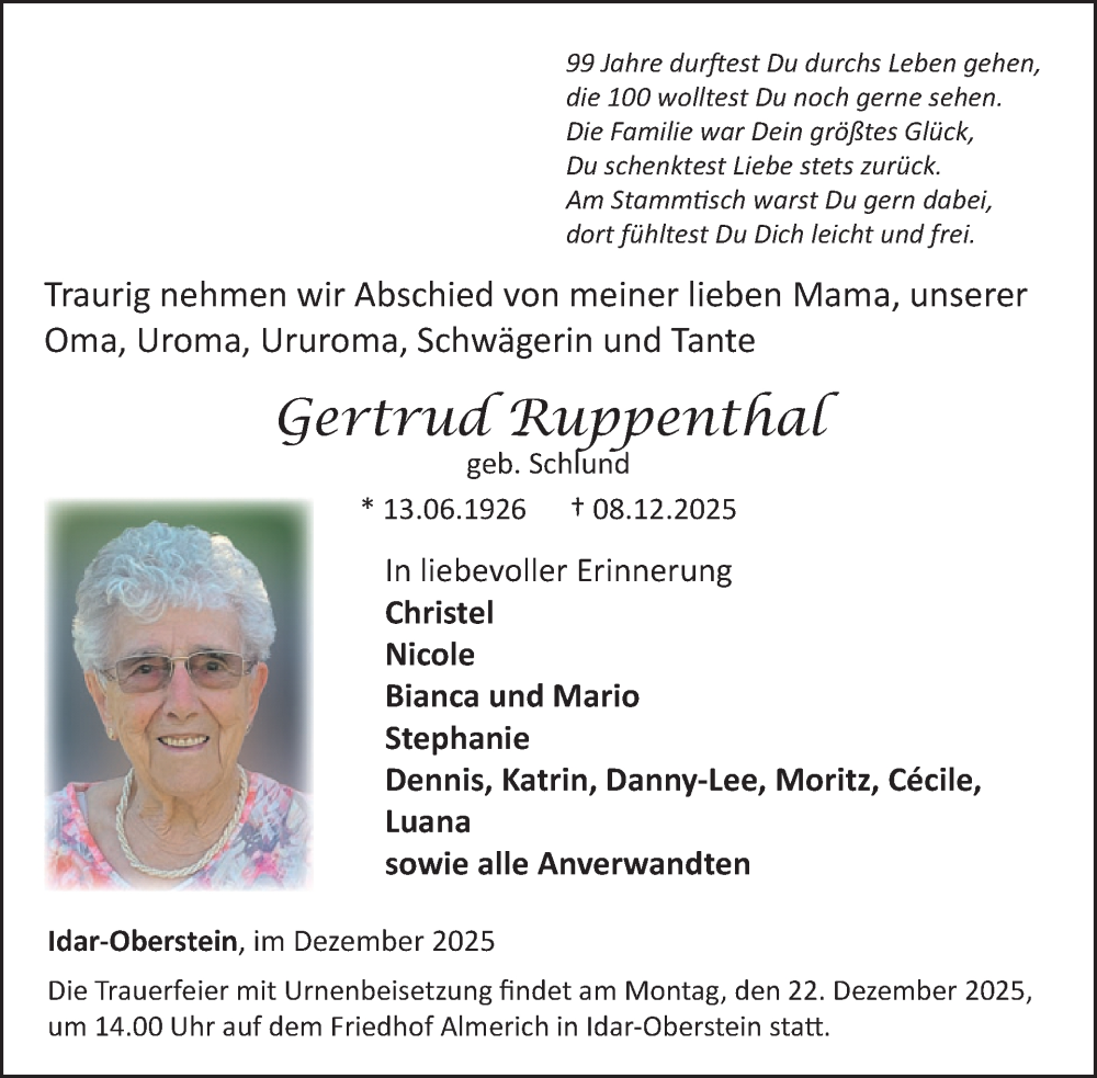  Traueranzeige für Gertrud Ruppenthal vom 20.12.2025 aus WochenSpiegel