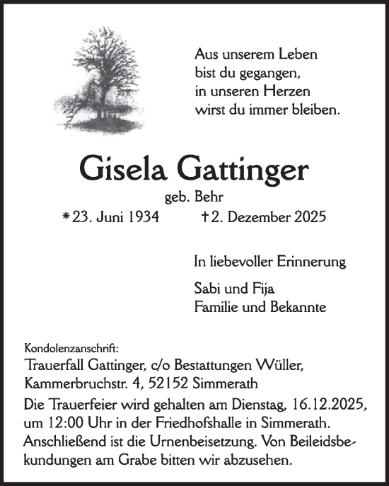 Traueranzeige von Gisela Gattinger von WochenSpiegel