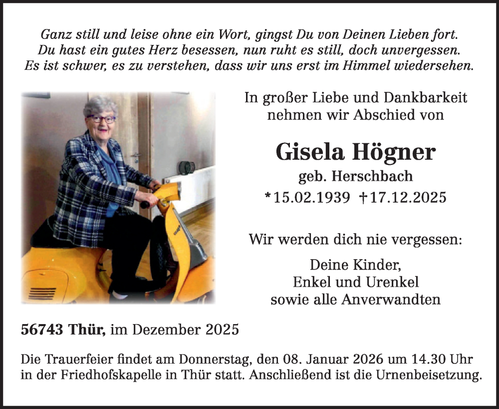  Traueranzeige für Gisela Högner vom 31.12.2025 aus WochenSpiegel
