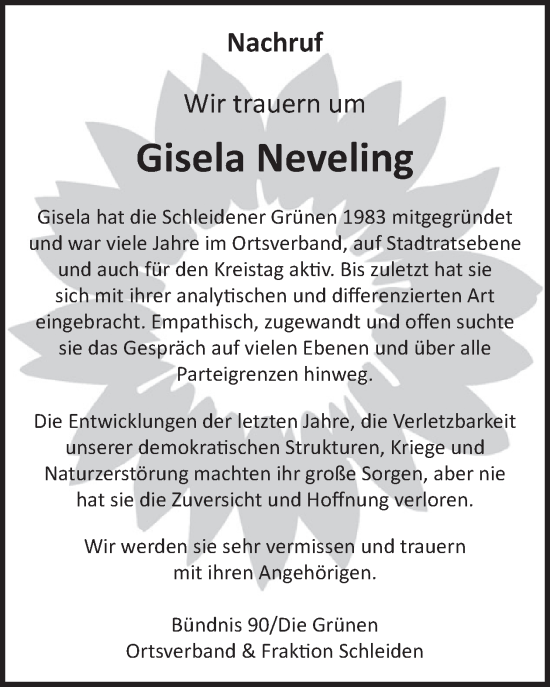 Traueranzeige von Gisela Neveling von WochenSpiegel