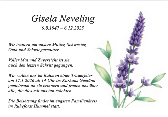 Traueranzeige von Gisela Neveling von WochenSpiegel