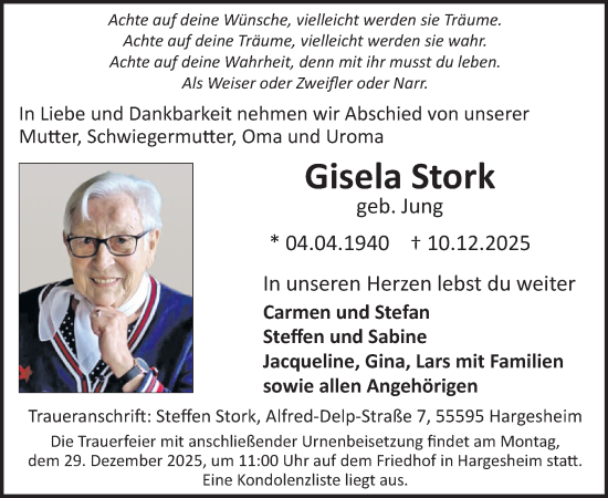 Traueranzeige von Gisela Stork von WochenSpiegel