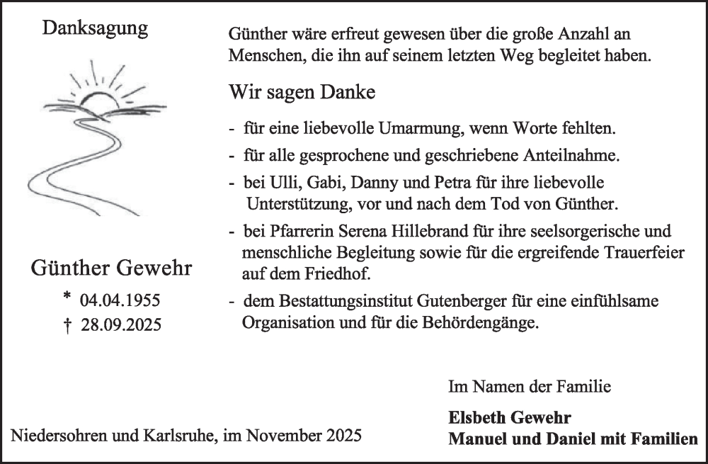  Traueranzeige für Günther Gewehr vom 06.12.2025 aus WochenSpiegel