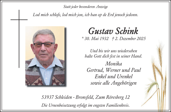 Traueranzeige von Gustav Schink von WochenSpiegel