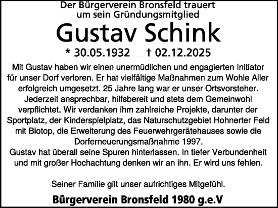 Traueranzeige von Gustav Schink von WochenSpiegel