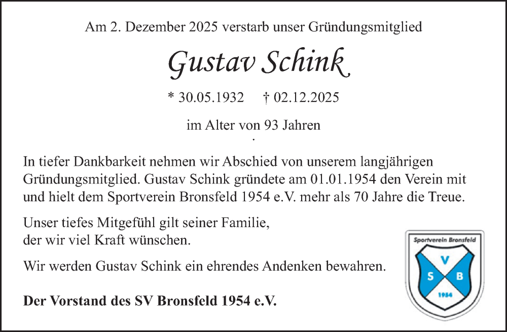  Traueranzeige für Gustav Schink vom 17.12.2025 aus WochenSpiegel