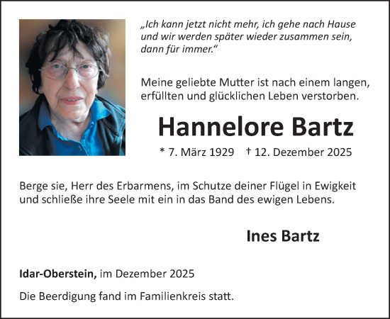 Traueranzeige von Hannelore Bartz von WochenSpiegel