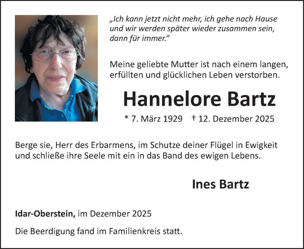  Traueranzeige für Hannelore Bartz vom 20.12.2025 aus WochenSpiegel