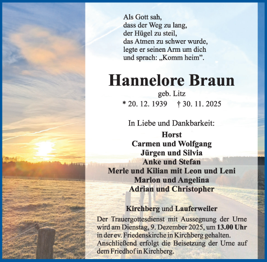 Traueranzeige von Hannelore Braun von WochenSpiegel