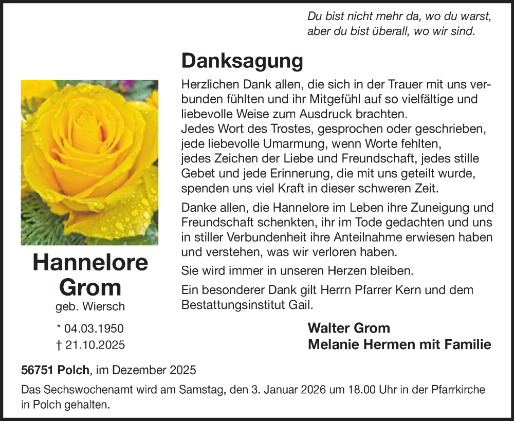  Traueranzeige für Hannelore Grom vom 31.12.2025 aus WochenSpiegel