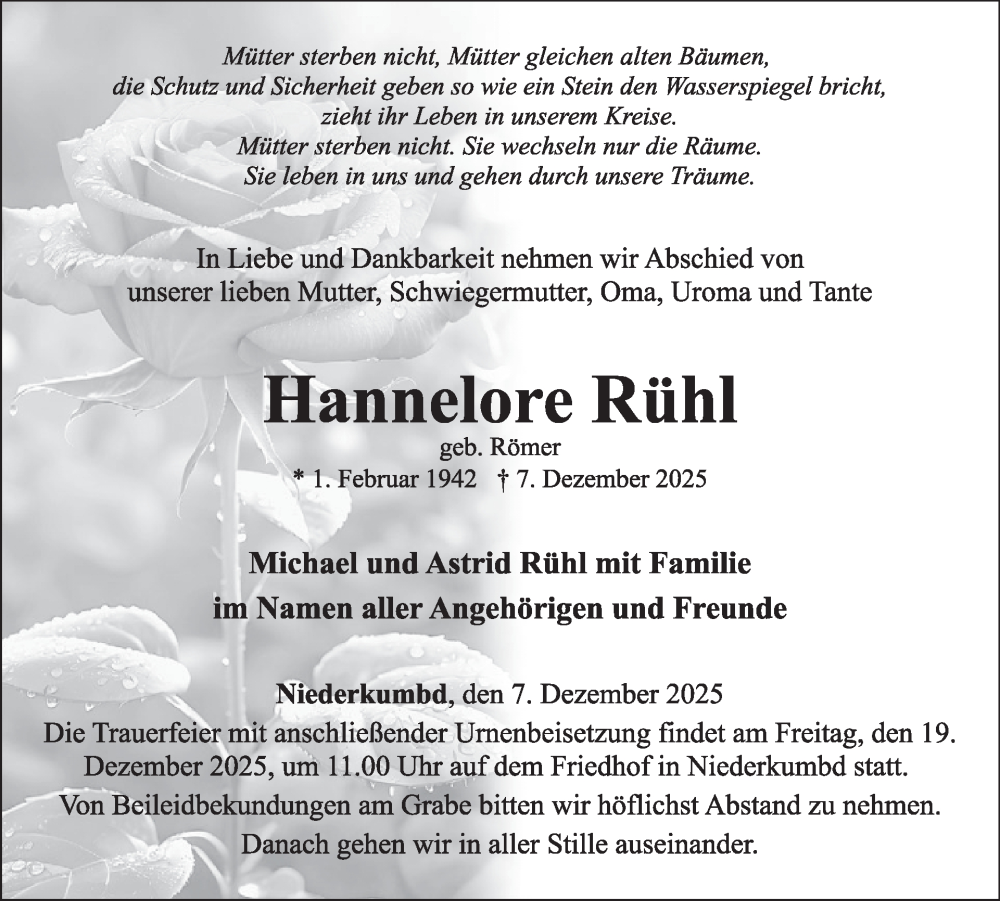  Traueranzeige für Hannelore Rühl vom 20.12.2025 aus WochenSpiegel