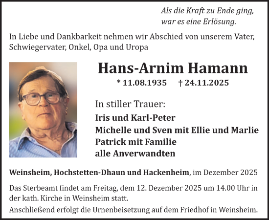 Traueranzeige von Hans-Arnim Hamann von WochenSpiegel