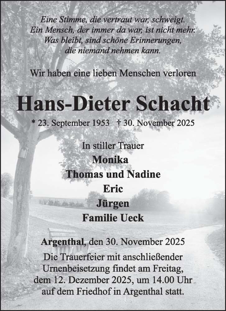  Traueranzeige für Hans-Dieter Schacht vom 06.12.2025 aus WochenSpiegel
