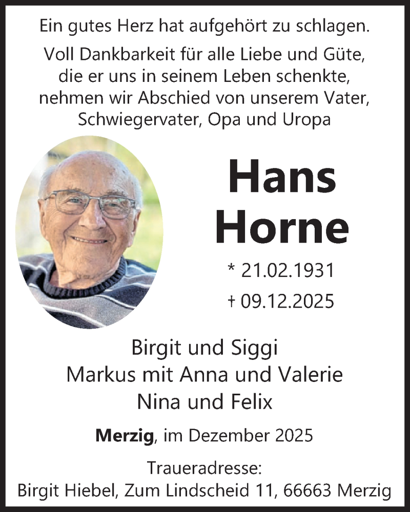  Traueranzeige für Hans Horne vom 20.12.2025 aus WochenSpiegel