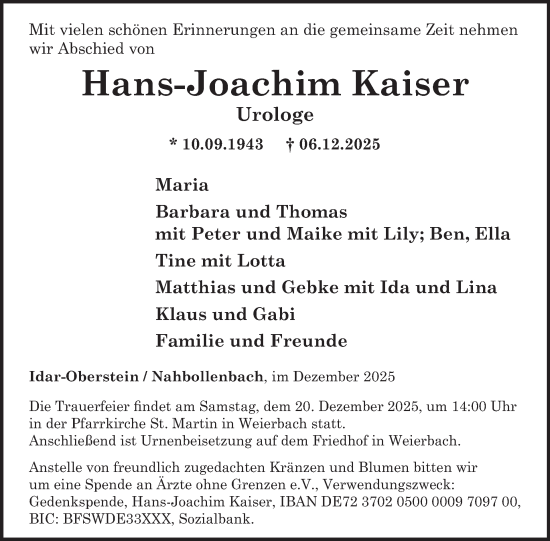 Traueranzeige von Hans-Joachim Kaiser von WochenSpiegel