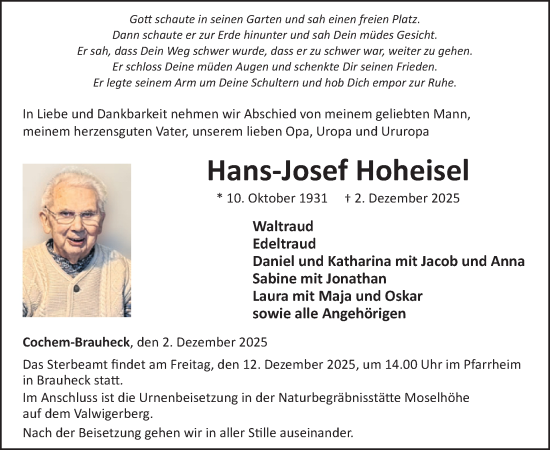 Traueranzeige von Hans-Josef Hoheisel von WochenSpiegel
