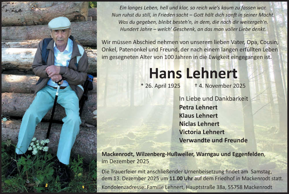  Traueranzeige für Hans Lehnert vom 06.12.2025 aus WochenSpiegel