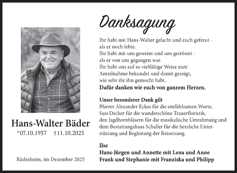  Traueranzeige für Hans-Walter Bäder vom 13.12.2025 aus WochenSpiegel