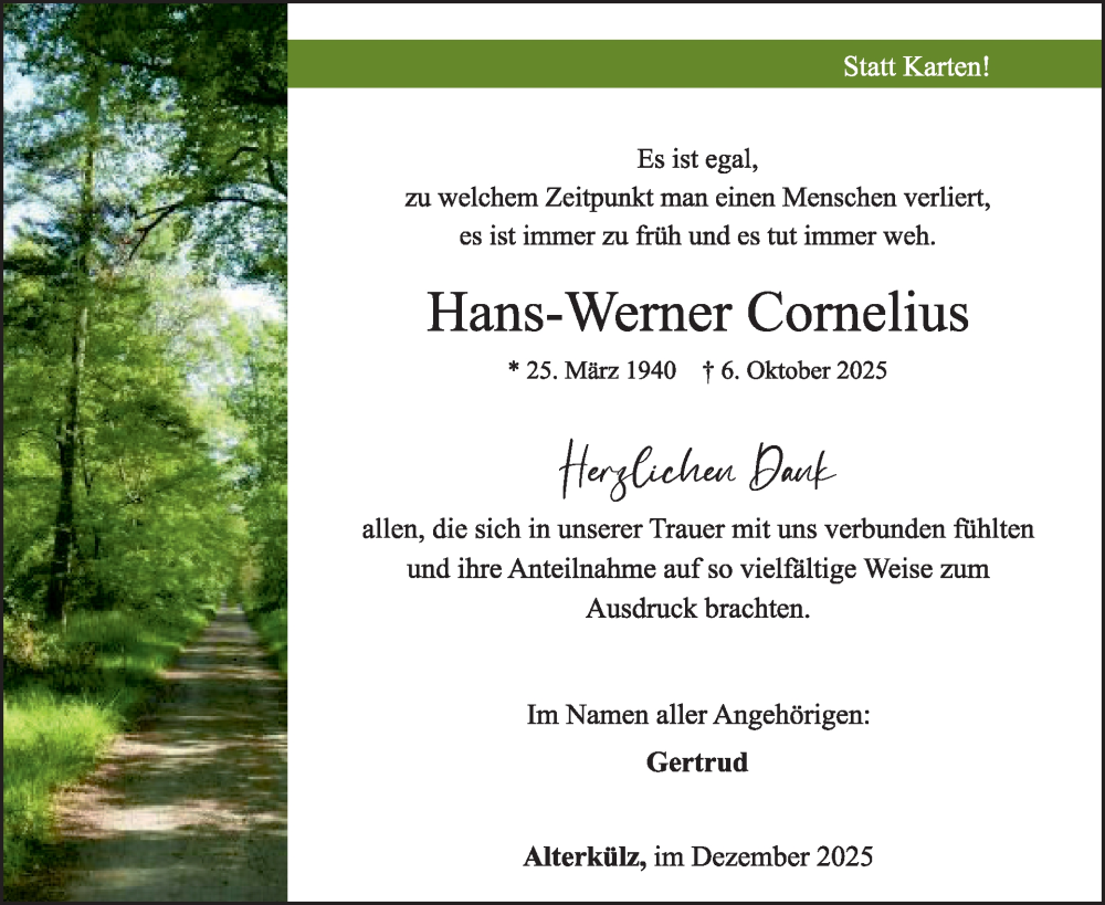  Traueranzeige für Hans-Werner Cornelius vom 13.12.2025 aus WochenSpiegel