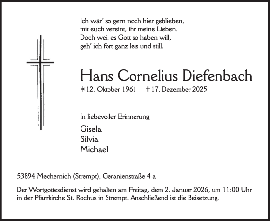 Traueranzeige von Hans Cornelius Diefenbach von WochenSpiegel